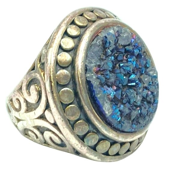 Vintage Jewelry - Vintage Druzy Stone Silver Ring Size 8 Opalescent Iridescent Crystals MARKED